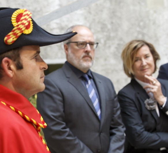 Francois Longchamp, left, President of the Geneva State Council, addresses his speech, next to Alexandre Fasel, 2nd left, Ambassador of the Permanent Representative Mission of Switzerland to the Unite ...