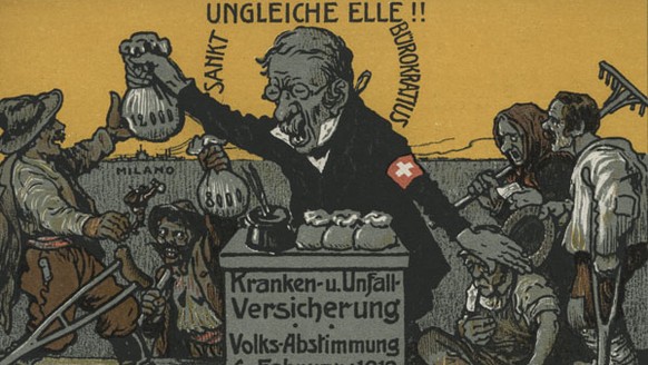 Fremdenfeindliche Abstimmungs-Propaganda zur Krankenversicherung. Schweizer Bauern fühlten sich gegenüber italienischen Arbeitern benachteiligt.