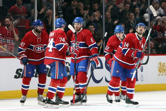 Oct 24, 2016; Montreal, Quebec, CAN; Montreal Canadiens right wing Alexander Radulov (47) celebrates his goal against Philadelphia Flyers with teammates during the third period at Bell Centre. Mandato ...