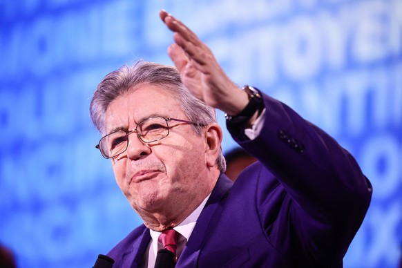 epa12544416 La France Insoumise (LFI) party leader Jean-Luc Melenchon gives a speech at the La France Insoumise convention for the 2026 municipal elections in Aubervilliers, a Paris suburb, France, 23 ...
