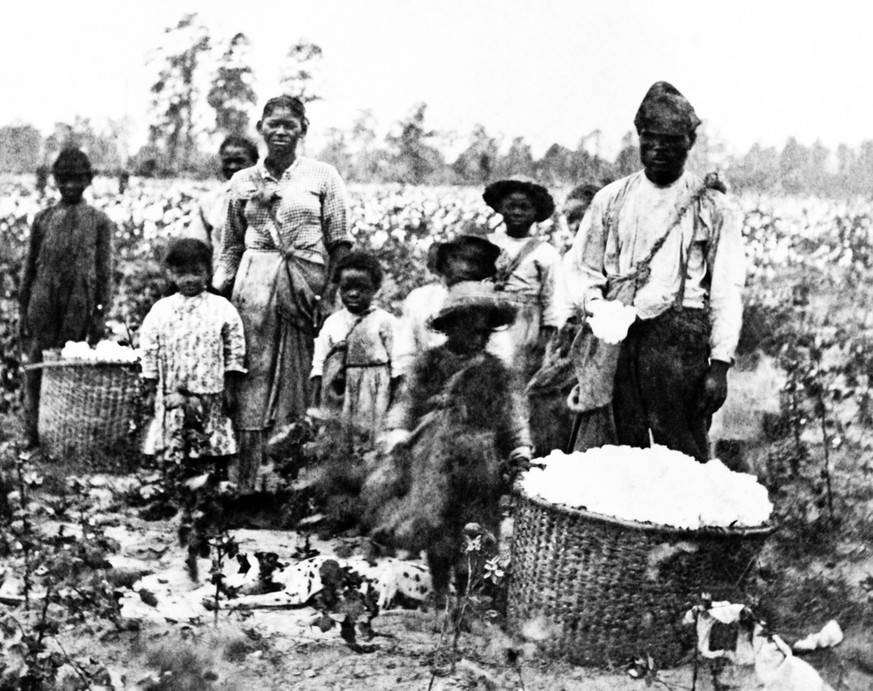 Sklaven auf einer Baumwollplantage in den USA Mitte 19. Jahrhundert.
