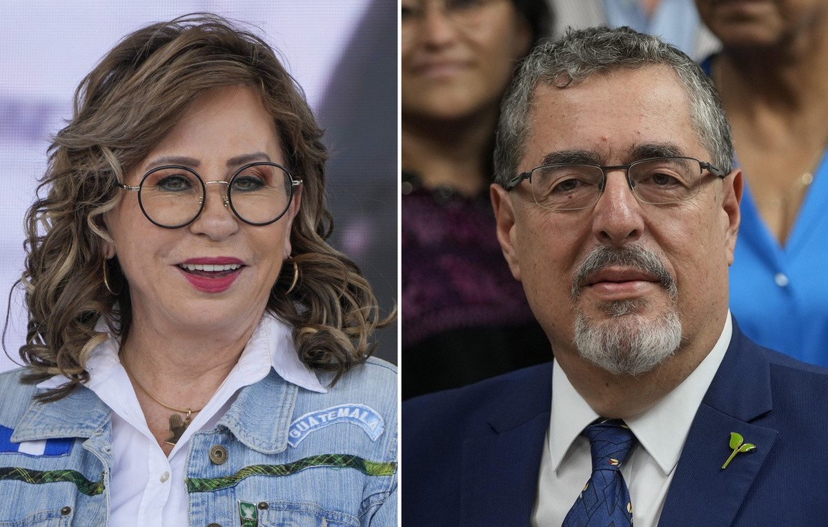 FILE - This photo combo of file images shows from left, Sandra Torres, National Unity of Hope, UNE, presidential candidate, in Guatemala City, Aug. 18, 2023, and Bernardo Arévalo, Seed Movement presid ...