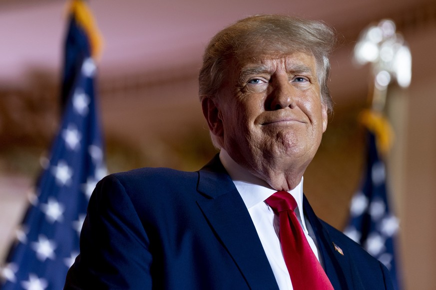 FILE - Former President Donald Trump announces he is running for president for the third time as he smiles while speaking at Mar-a-Lago in Palm Beach, Fla., Nov. 15, 2022. A federal appeals court is h ...