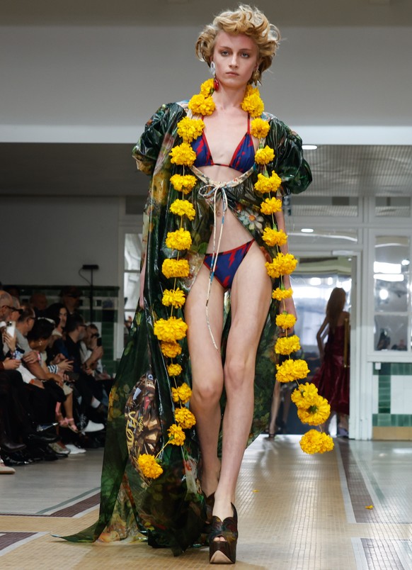 epa13278773 A model presents a creation from the Spring/Summer 2027 collection by English fashion designer Vivienne Westwood during Paris Fashion Week, in Paris, France, 03 October 2026. The presentat ...
