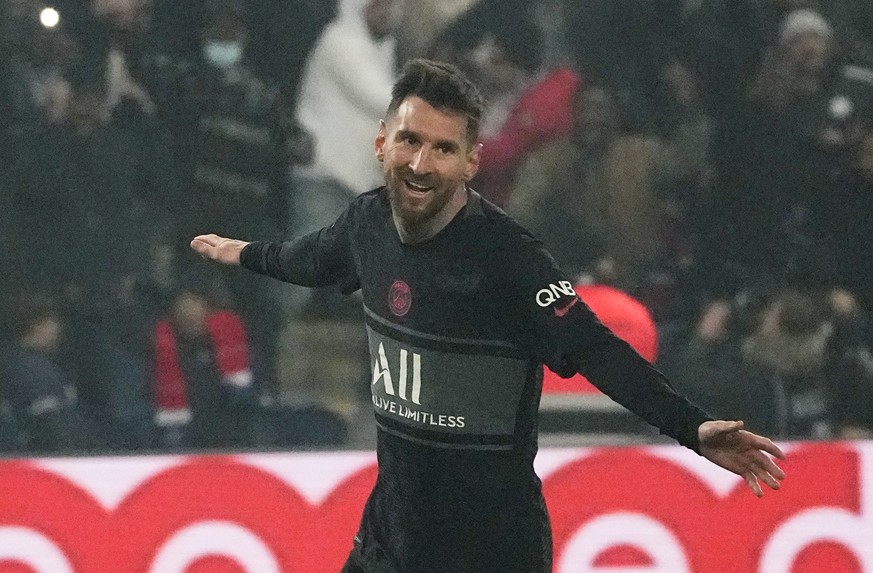 PSG&#039;s Lionel Messi celebrates after scoring his side&#039;s third goal during French League One soccer match between Paris Saint-Germain and Nantes at the Parc des Princes stadium in Paris, Franc ...
