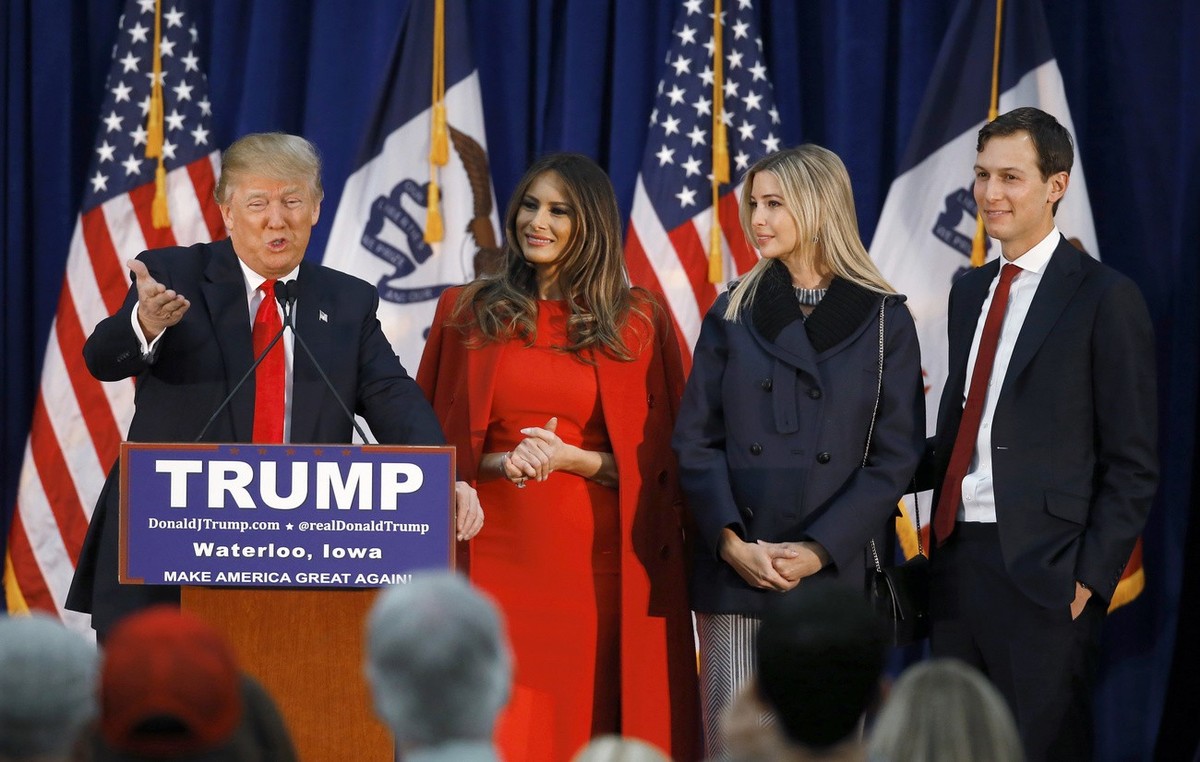 FILE - In this Feb. 1, 2016, file photo, Republican presidential candidate Donald Trump, accompanied by, from second from left, wife Melania, daughter Ivanka her husband Jared Kushner, speaks during a ...