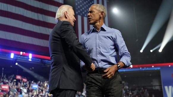 President Joe Biden and former President Barack Obama shake hands after a campaign rally for Pennsylvania&#039;s Democratic gubernatorial candidate Josh Shapiro and Democratic Senate candidate Lt. Gov ...