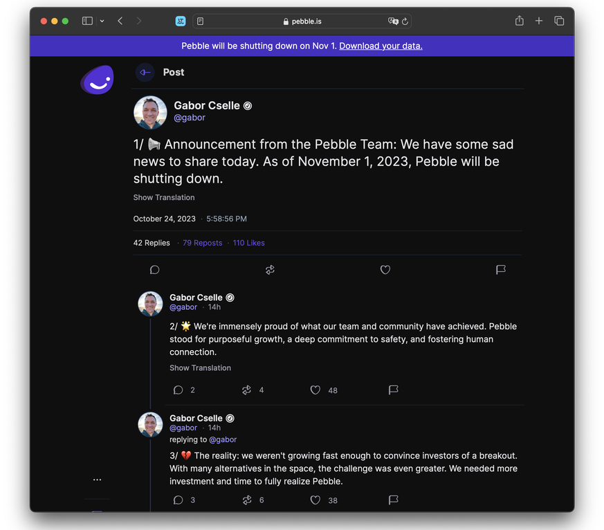 Screenshot der US-amerikanischen Social-Media-Plattform und Twitter-Alternative Pebble mit der Ankündigung, dass der Dienst per 1. November 2023 eingestellt werde.