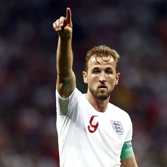 England&#039;s Harry Kane points up during the semifinal match between Croatia and England at the 2018 soccer World Cup in the Luzhniki Stadium in Moscow, Russia, Wednesday, July 11, 2018. (AP Photo/M ...