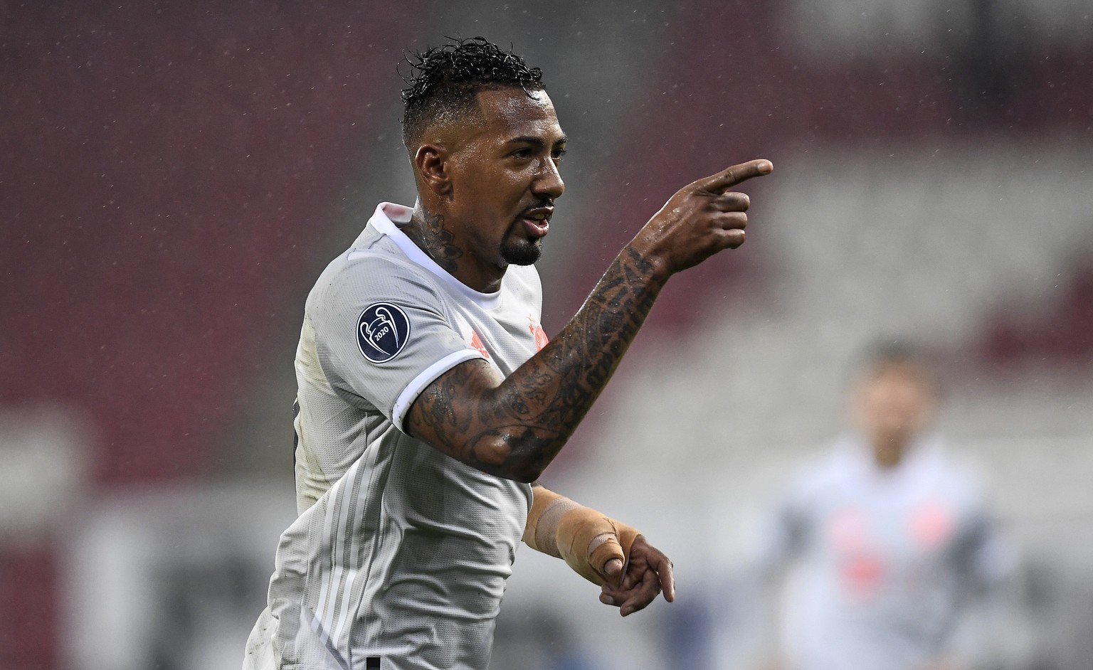 FILE - In this Tuesday, Nov. 3, 2020 file photo, Bayern&#039;s Jerome Boateng celebrates after he scored his side&#039;s third goal during the Champions League group A soccer match between RB Salzburg ...