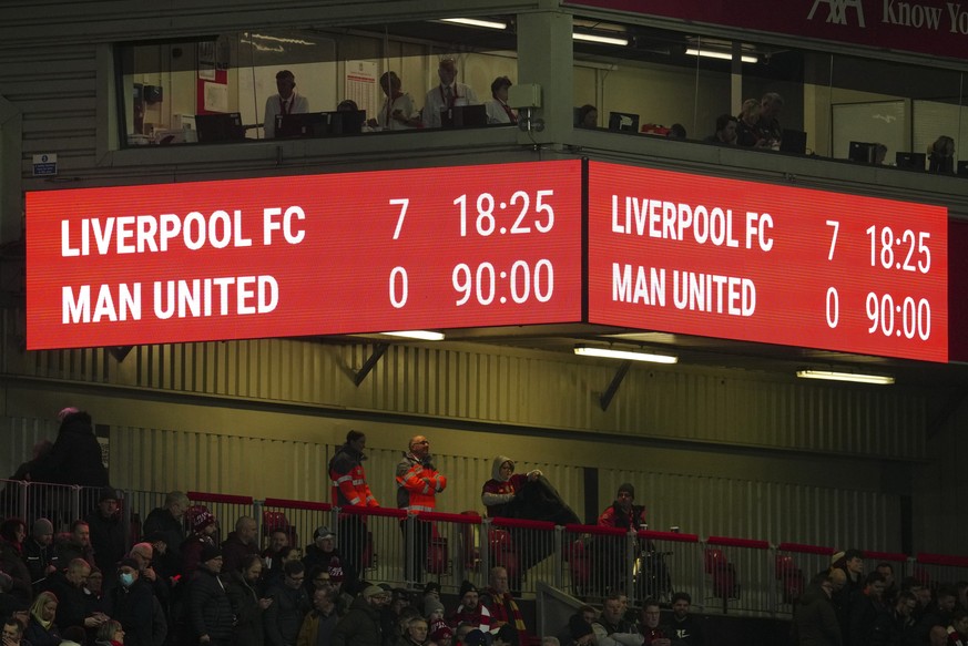 The scoreboard shows the final score after the the English Premier League soccer match between Liverpool and Manchester United at Anfield in Liverpool, England, Sunday, March 5, 2023. Liverpool won th ...