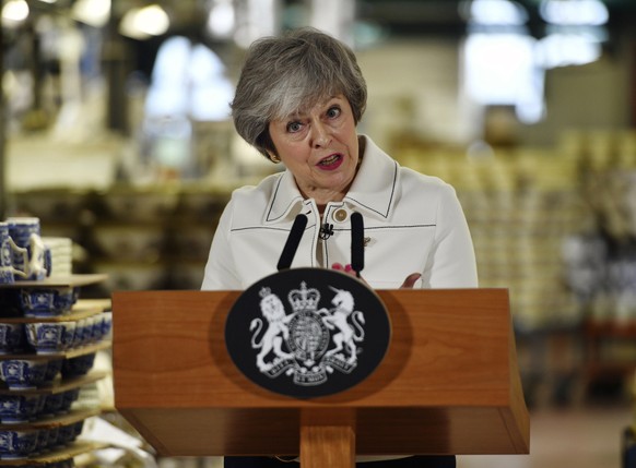 Britain&#039;s Prime Minister Theresa May delivers a speech during a visit to the Portmeirion pottery factory in Stoke-on-Trent, England, Monday, Jan. 14, 2019. May is due to make a statement in the H ...