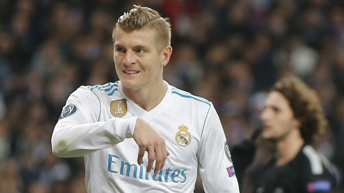 Real Madrid's Toni Kroos reacts during the Champions League soccer match, round of 16, 1st leg between Real Madrid and Paris Saint Germain at the Santiago Bernabeu stadium in Madrid, Spain, Wedne ...