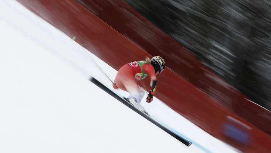 Switzerland&#039;s Lara Gut Behrami speeds on her way to win an alpine ski, women&#039;s World Cup giant slalom race, in Soldeu, Andorra, Saturday, Feb. 10, 2024. (AP Photo/Gabriele Facciotti)