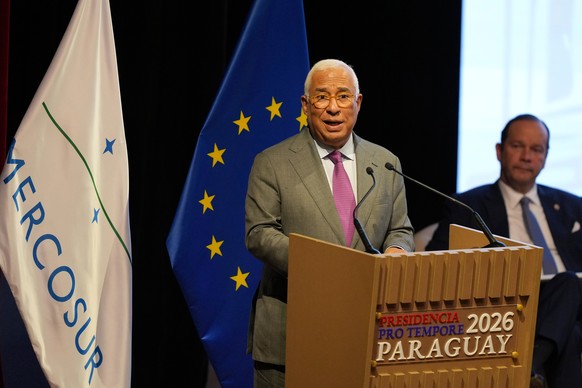 European Council President Antonio Costa speaks during a meeting to sign a free trade deal between the European Union and Mercosur in Asuncion, Paraguay, Saturday, Jan. 17, 2026. (AP Photo/Jorge Saenz ...