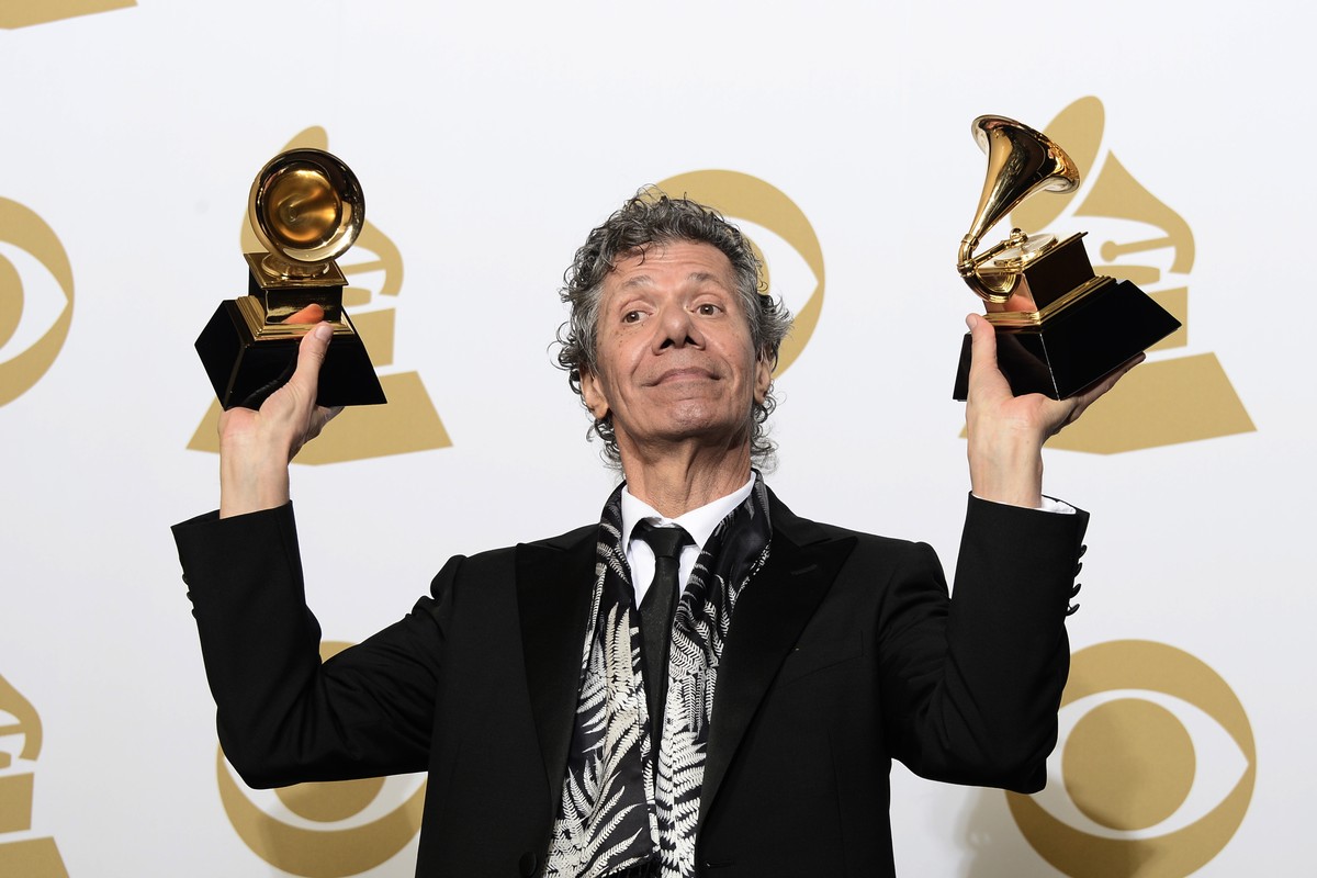 epa09005313 (FILE) - US jazz musician Chick Corea holds the awards for 'Best Improvised Jazz Solo' and 'Best Jazz Instrumental Album' at the 57th annual Grammy Awards held at the S ...
