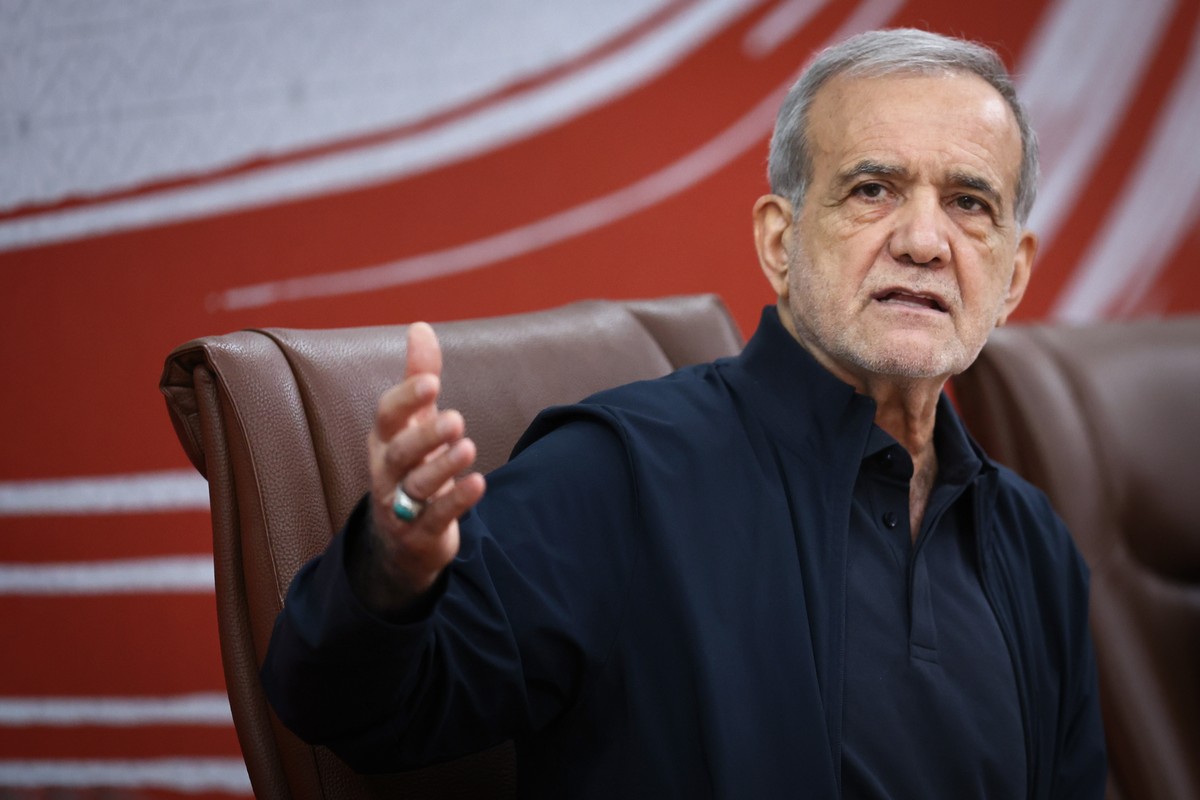 epa13156858 A handout photo made available by the Iranian Presidential Office shows Iranian President Masoud Pezeshkian attending a press conference in Tehran, Iran, 08 August 2026, on the occasion of ...