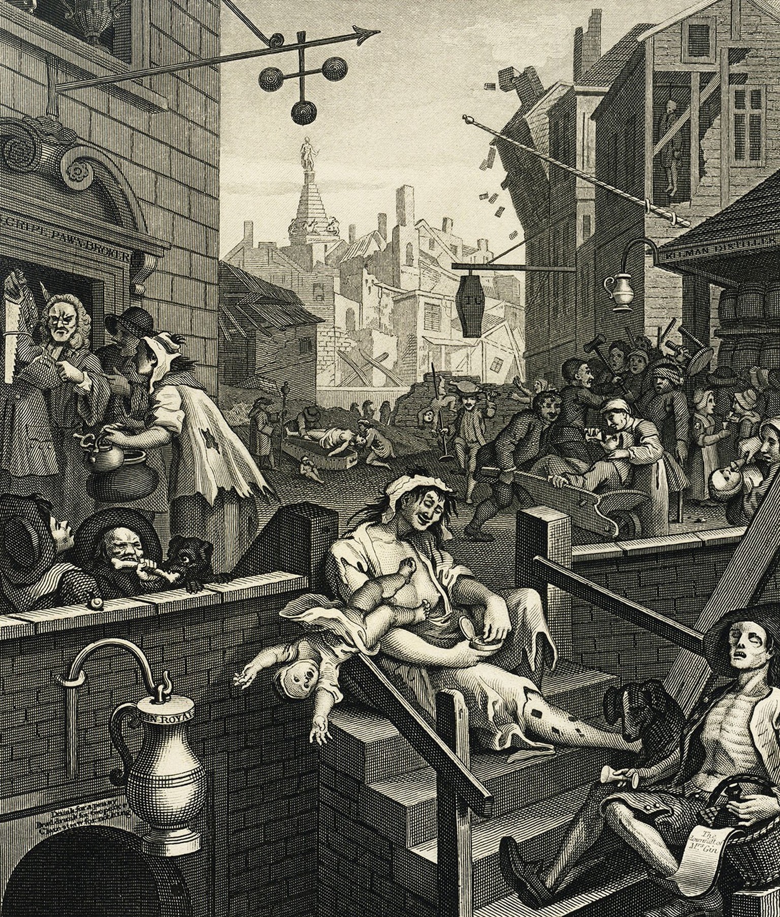 Der Druck von William Hogarth zeigt die Folgen des Ginkonsums, um 1750.
https://commons.wikimedia.org/wiki/File:William_Hogarth_-_Gin_Lane.jpg