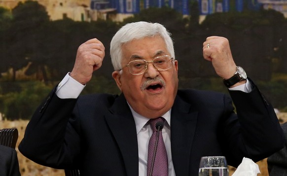 epa06438685 Palestinian President Mahmoud Abbas speaks during a meeting of the Palestine Liberation Organization (PLO) Central Council, at his presidency compound in the West Bank town of Ramallah, 14 ...
