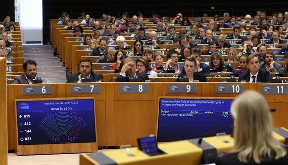 epa10666553 Deputies attend a vote on 'Violations of the rule of law and fundamental rights in Hungary and frozen EU funds' at a mini-plenary session of the European Parliament in Brussels ...