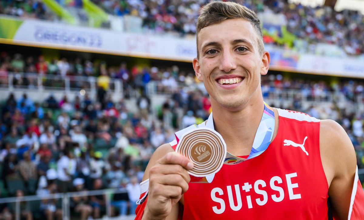Bronze medalist Simon Ehammer of Switzerland celebrates for the men's long jump final during the IAAF World Athletics Championships, at the Hayward Field stadium, in Eugene, United States, Saturd ...