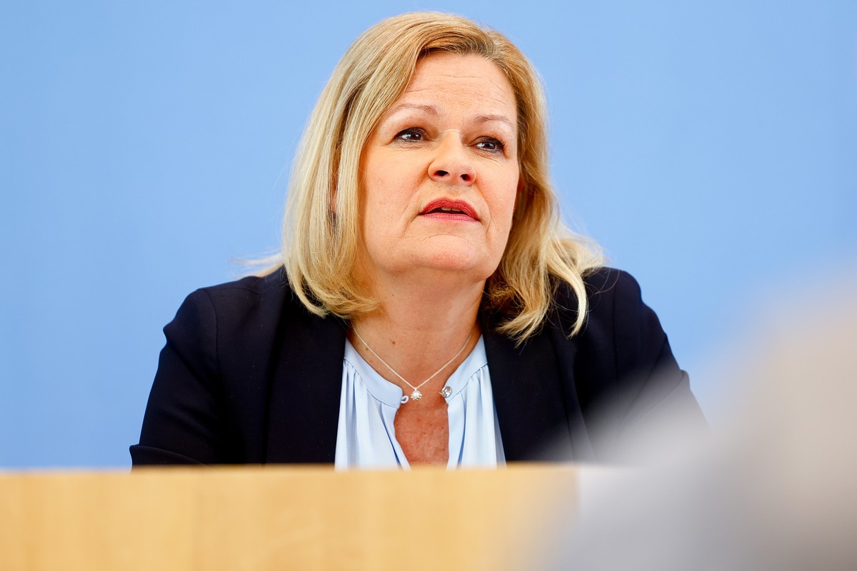 epa11357562 German Federal Minister of the Interior and Community Nancy Faeser speaks to members of the news media during a press conference to present the report on politically motivated crime in Ber ...