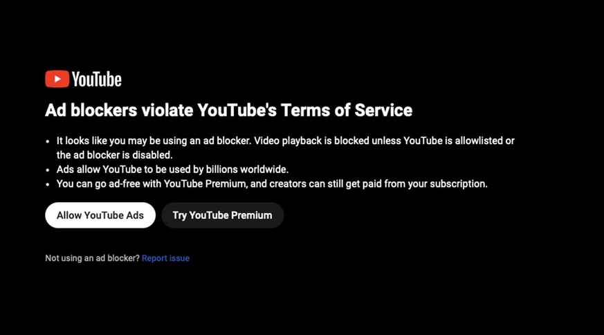 YouTube-Hinweis zu Werbeblockern.