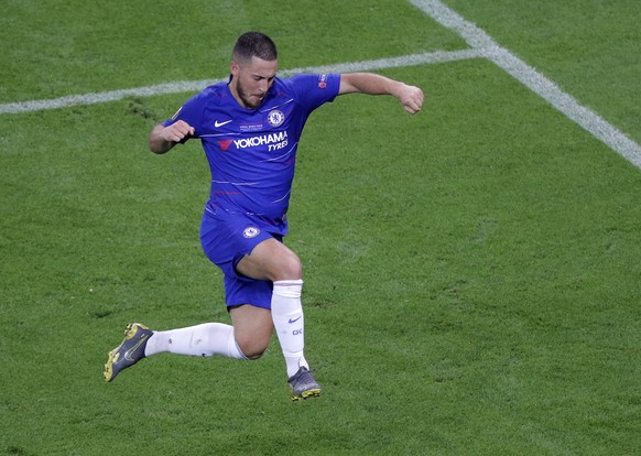 Chelsea&#039;s Eden Hazard celebrates after scoring his team&#039;s fourth goal during the Europa League Final soccer match between Chelsea and Arsenal at the Olympic stadium in Baku, Azerbaijan, Wedn ...