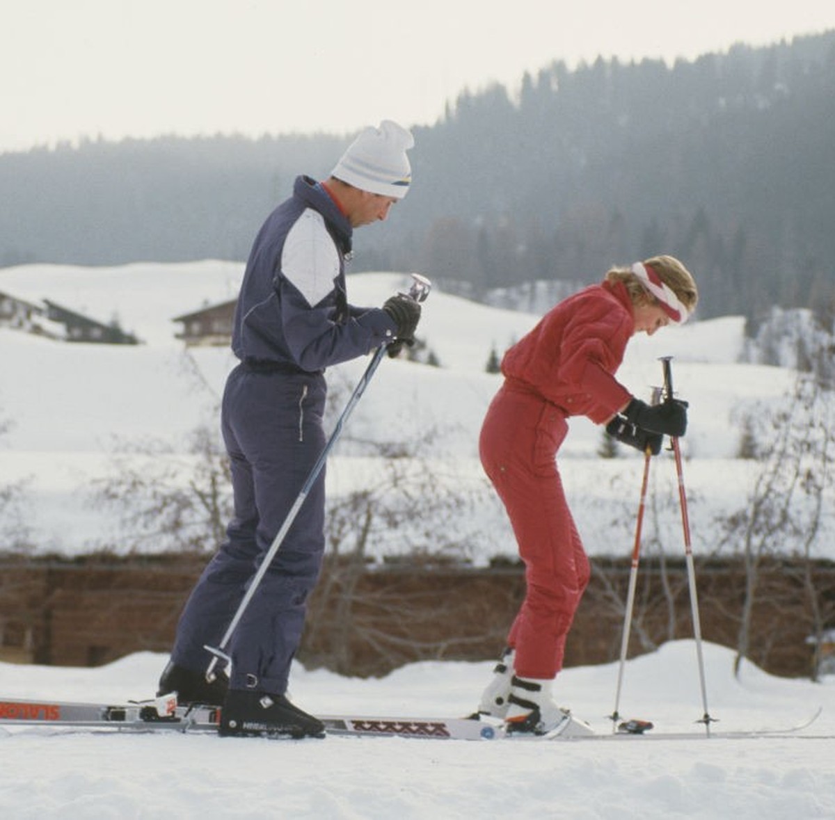 Diana, Princess of Wales (1961 - 1997) and Prince Charles during a skiing holiday in Klosters, Switzerland, January 1986. Diana is wearing a Head ski suit. (Photo by Lucy Levenson/Princess Diana Archi ...