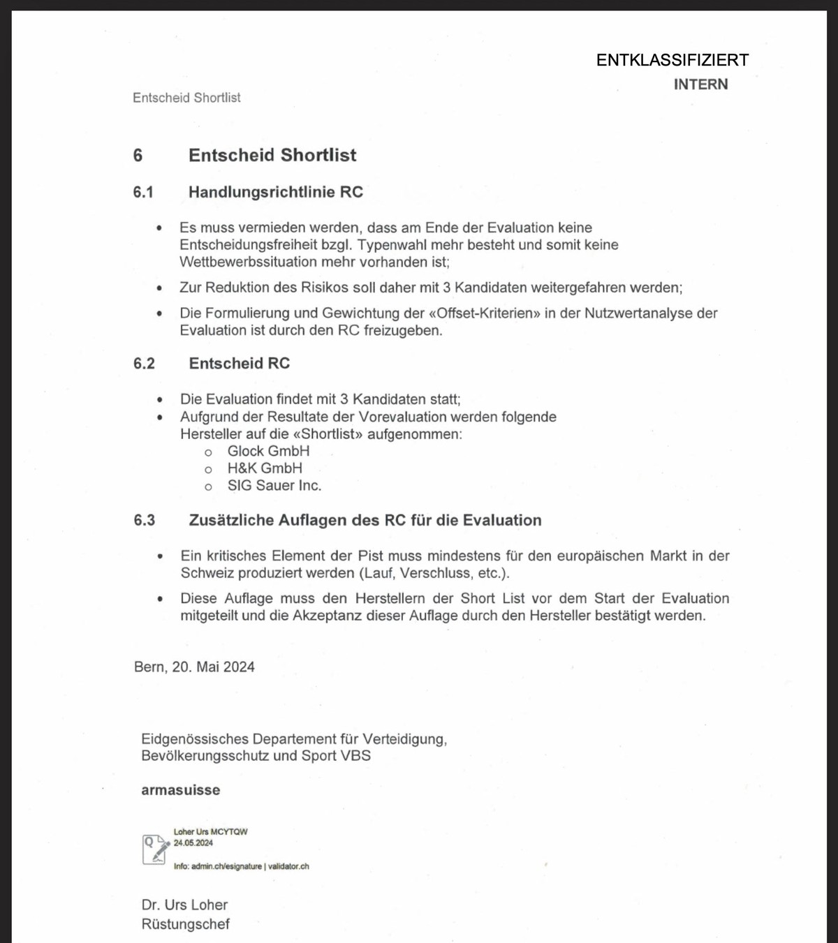 Interner Vorevaluationsbericht neue Schweizer Armeepistole von Armasuisse (2024). Screenshot: watson