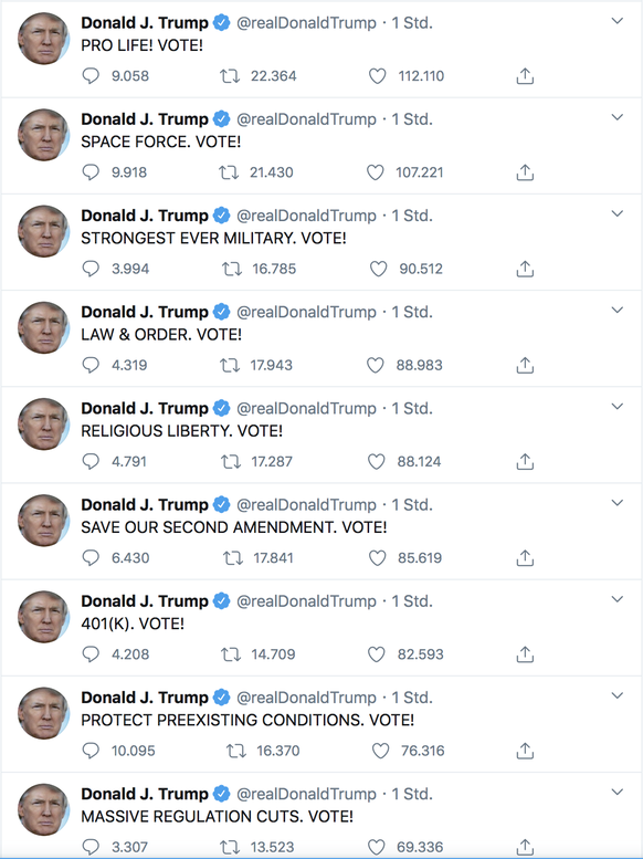 Ob&#039;s ihm wirklich besser geht? Trump haut 18 Tweets in einer Stunde raus, CAPS LOCK
Kommt mir vor als hÃ¤tte er kurz vorm intubieren nochmal schnell alles raustwittern mÃ¼ssen und keine Zeit mehr ...