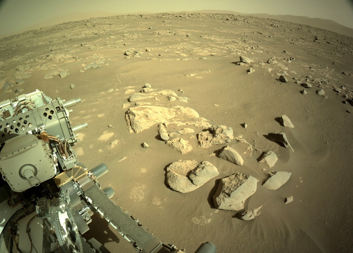 epa09134316 A handout photo made available by NASA shows the landscape surrounding NASA's Perseverance Mars rover, on Sol 52, 13 April 2021 (issued 14 April 2021). NASA's Mars Perseverance r ...