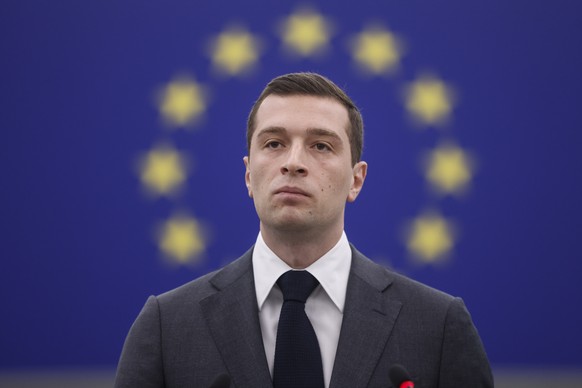 FILE - Jordan Bardella, member of the European Parliament for the French Rassemblement National, attends a debate about Ukraine in the European parliament in Strasbourg, France, July 17, 2024. (AP Pho ...