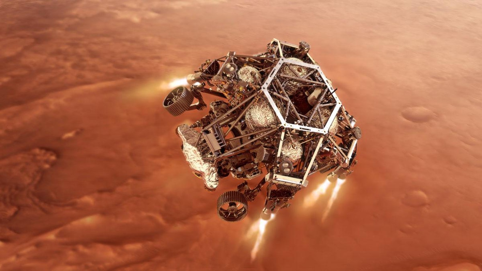 Perseverance zündet die Bremsraketen kurz vor der Landung auf der Mars-Oberfläche.