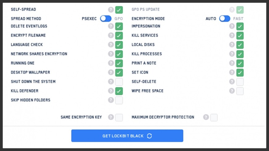 Ein Ausschnitt der Angriffskonsole, über die sich eine Ransomware-Attacke per Mausklick zusammenstellen lässt. Zum Beispiel gibt es die Option, auf Windows-Computern die Anti-Malware-System-Komponente ...