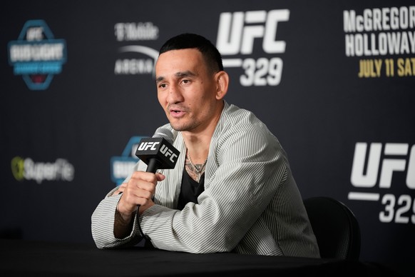 Max Holloway speaks during a news conference for the UFC 329 mixed martial arts event Wednesday, July 8, 2026, in Las Vegas. (AP Photo/John Locher)
UFC 329 Mixed Martial Arts