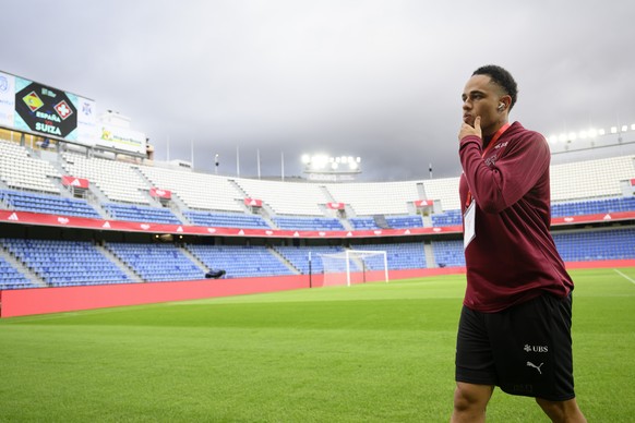 Switzerland&#039;s forward Noah Okafor arrives for a training session on the eve of the UEFA Nations League soccer group A4 match between Spain and Switzerland at Heliodoro Rodriguez Lopez stadium, in ...