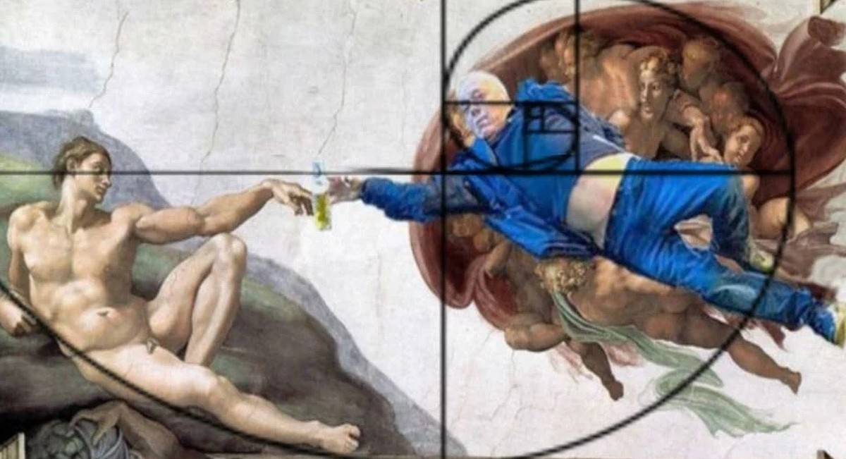 Accidental Renaissance 
Fibonacci curve golden ratio 
https://www.reddit.com/r/AccidentalRenaissance/comments/3z2vr2/divine_drunk/
