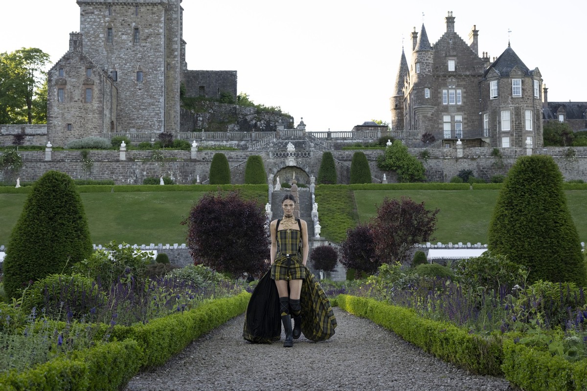 Model on the runway at the Dior Cruise 2025 Show held at Drummond Castle on June 3, 2024 in Perthshire, Scotland.