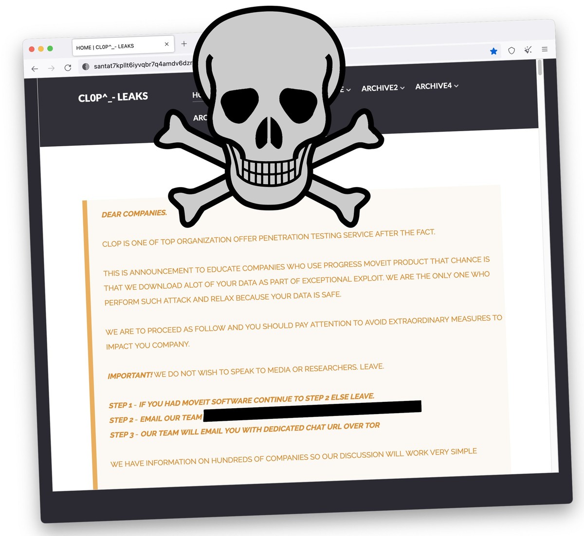 Drohung auf der Darknet-Seite der Ransomware-Bande Clop. (7. Juni 2023)