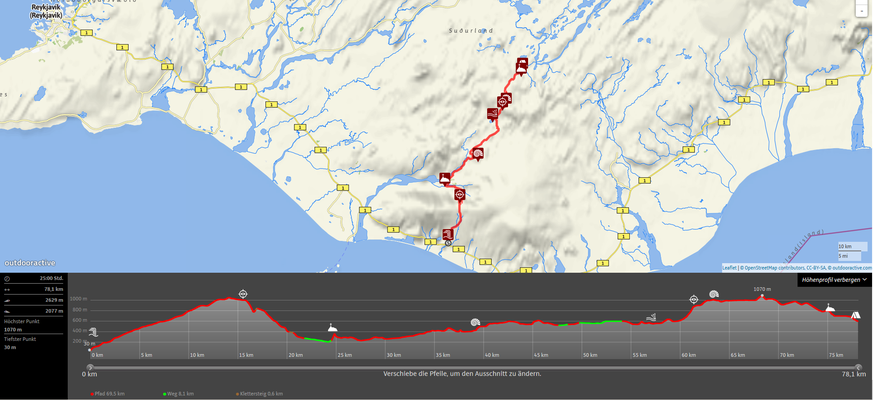 Der Laugavegur-Trail: 78,1 km und 2629 Höhenmeter von Skógar nach Landmannalaugar. Die beste Wegbeschreibung ist auf <a href="http://www.outdooractive.com/de/fernwanderweg/island/laugavegur-und-fimmvoerouhals-trekkingtour-von-skogar-nach-landmannalaugar/3117507/#dm=1" target="_blank">outdooractive.com</a> zu finden.