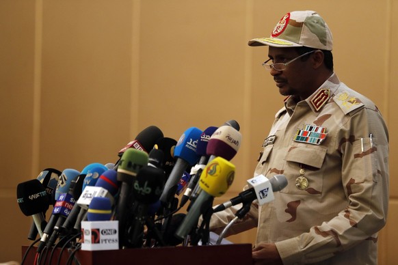 FILE -Gen. Mohammed Hamdan Dagalo, the deputy head of the military council speaks at a ceremony in the capital Khartoum, Sudan, Sunday, Aug. 4, 2019. Sudan&#039;s paramilitary leader has announced pla ...
