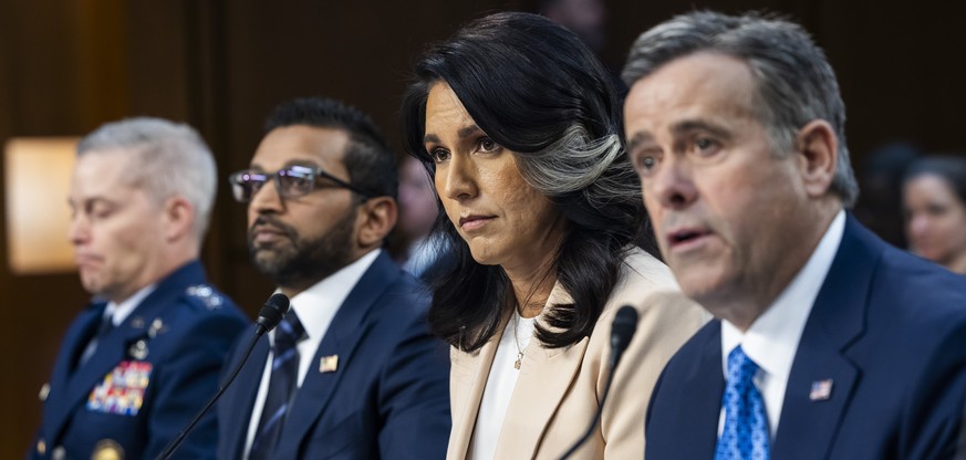 epa11987563 National Security Agency Director Timothy Haugh (L), FBI Director Kash Patel (2-L), National Intelligence Director Tulsi Gabbard (2-R), and CIA Director John Ratcliffe (R) testify before a ...
