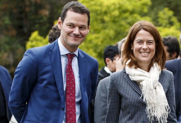 De gauche a droite, le conseiller d&#039;Etat genevois, Pierre Maudet, la presidente du PLR, Les Liberaux-Radicaux Suisse, Petra Goessi, la conseillere nationale vaudoise, Isabelle Moret et le conseil ...