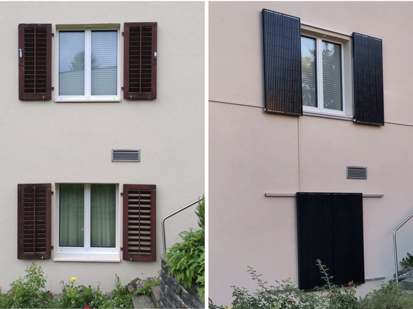 Die neuen Solarfensterläden (rechts) passen zum Haus und unterstützen die PV-Anlage auf dem Dach.