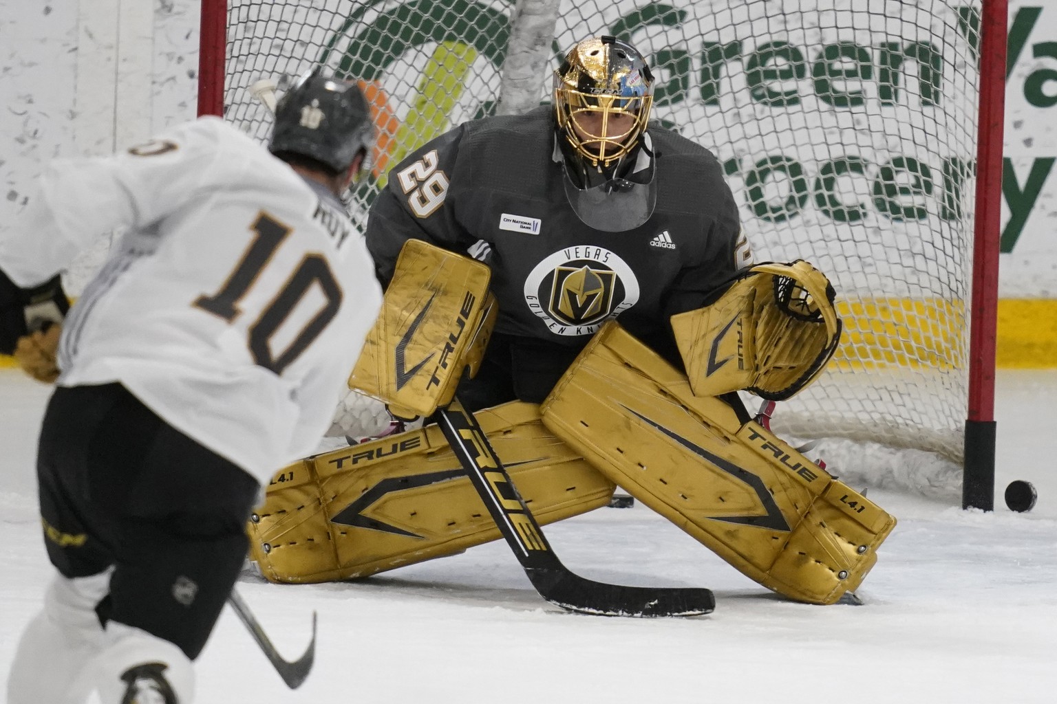 Vegas Golden Knights goaltender Marc-Andre Fleury (29) plays during an NHL hockey training camp Wednesday, Jan. 6, 2021, in Las Vegas. (AP Photo/John Locher)