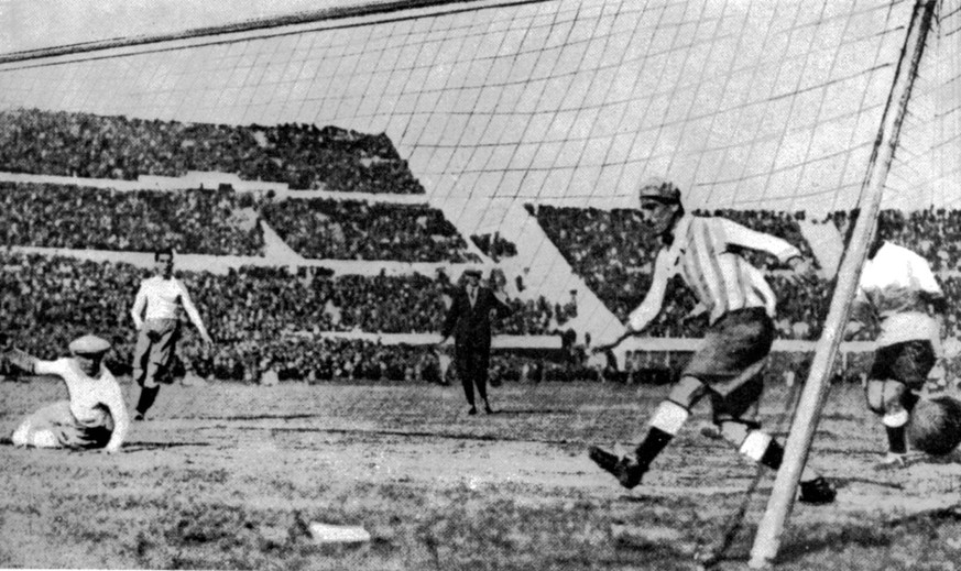 FILE - Uruguay&#039;s first goal in the World Cup final soccer match against Argentina, in Montevideo, Uruguay on July 30, 1930. Uruguay defeated Argentina by four goals to two. (AP Photo/File)