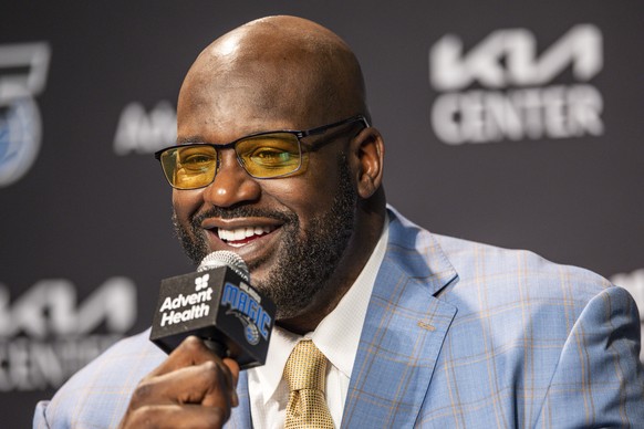 Shaquille O&#039;Neal, speaks during a pre-game press conference about the Orlando Magic retiring his jersey before the Oklahoma City Thunder NBA basketball game, Tuesday, Feb. 13, 2024, in Orlando, F ...