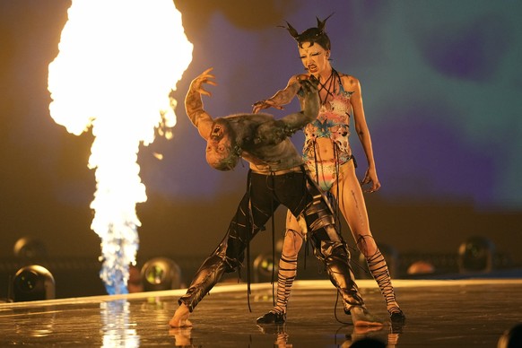 Bambie Thug of Ireland performs the song Doomsday Blue during the dress rehearsal for the final at the Eurovision Song Contest in Malmo, Sweden, Friday, May 10, 2024. (AP Photo/Martin Meissner)
Bambie ...