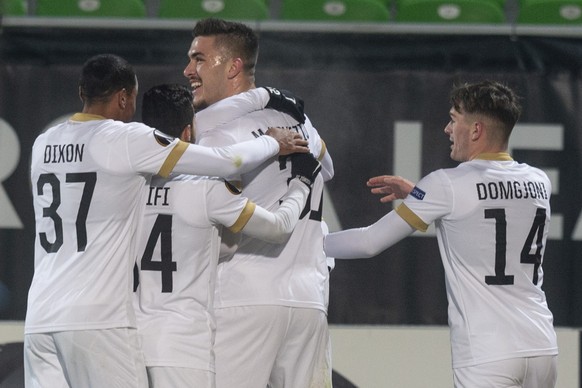 Zurich&#039;s Mirlind Kryeziu and the team celebrate after scoring the 0-1 during the UEFA Europa League match between Bulgarien`s PFC Ludogorets 1945 and Switzerland&#039;s FC Zuerich at the Ludogore ...